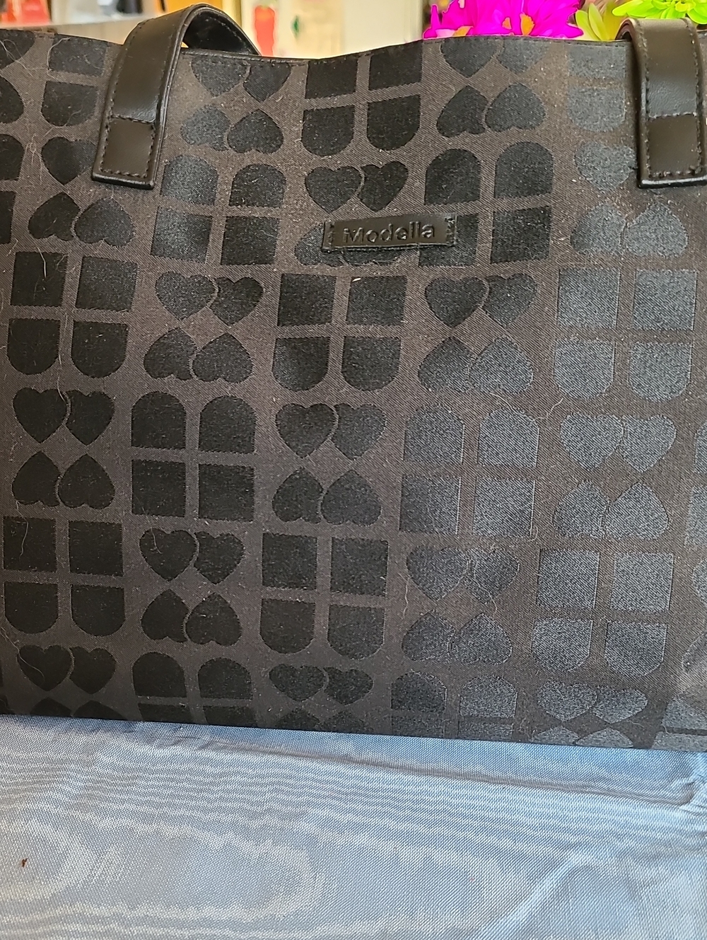 3 Piece Modella Black Patterned Tote with Heart Motif